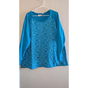 Quacker Factory Teal 2X Sweatshirt with White Floral Print, women's